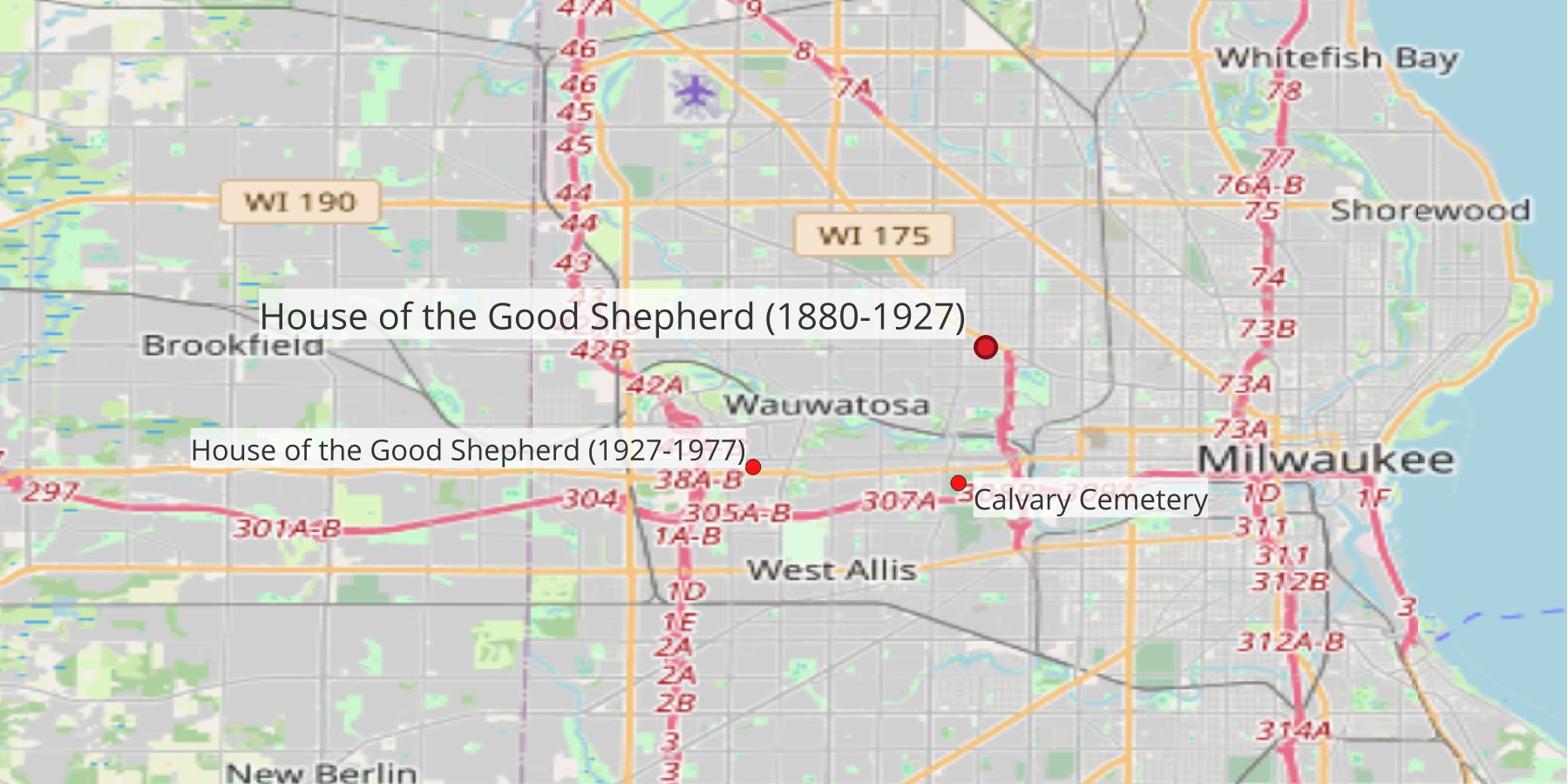 Map of Milwaukee. House of the Good Shepherd (1878-1927) is marked at North 49th Street and West North Avenue. Calvary Cemetery at 5503 West Blue Mound Road. House of the Good Shepherd (1927-1977) as 8787 West Blue Mound Road.