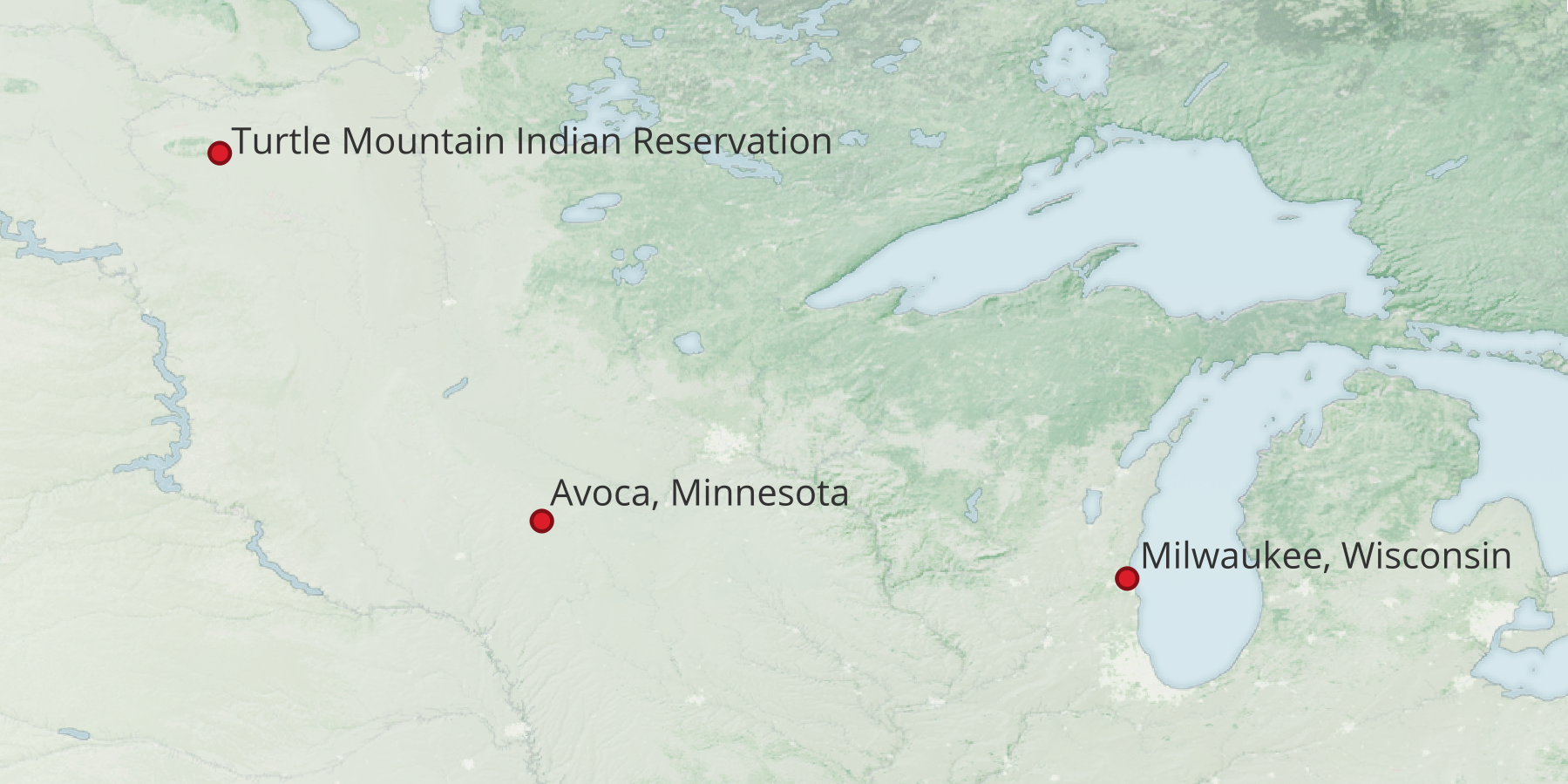 Turtle Mountain Indian Reservation; Avoca, Minnesota; and Milwaukee, Wisconsin, on a terrain map.